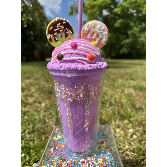 Purple 3D Cookie Ice Cream Sprinkle Cup 16oz Cold Beverage Straw & Lid Tumbler. - Picture 2 of 7